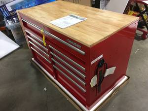 Husky 46 in. W x 24.5 in. D Standard Duty 9-Drawer Mobile Workbench Tool Chest with Solid Wood Top in Gloss Red, Review all pictures