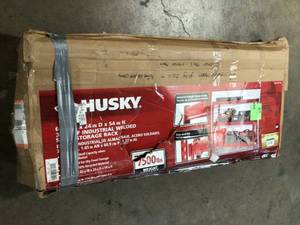 lot 6 image: Husky 3-Tier Heavy Duty Industrial Welded Steel Garage Storage Shelving Unit in Red (65 in. W x 54 in. H x 24 in. D), Review all pictures