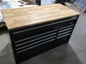 lot 26 image: Husky 52 in. W x 25 in. D Standard Duty 9-Drawer Mobile Workbench Tool Chest with Solid Wood Top in Gloss Black, Customer return, Review all pictures