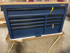 lot 35 image: Husky 52 in. W x 25 in. D Heavy Duty 9-Drawer Mobile Workbench Tool Chest with Adjustable-Height Solid Wood Top in Matte Blue