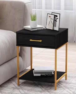 FUFU&GAGA Set of Two 1-Drawer Black Wood NightstandsEnd Tables with Open Shelf and Metal Legs
