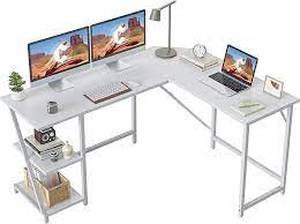 lot 6 image: CubiCubi L Shaped Computer Desk, 59.1 inch Industrial Office Desk with Storage Shelves, White Wood and Metal Corner Desk for Home Office, White
