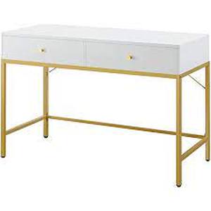 lot 7 image: SUPERJARE Vanity Desk, Makeup Vanity with Stool & Tri-fold Lighted Mirror, Vanity Table Set with 2 Large Drawers - White and Gold