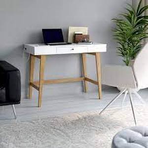 lot 25 image: Twin Star Home 40 in. Rectangular White Wood 1 Drawer Writing Desk with USB Charging Ports