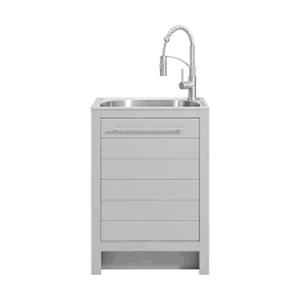 lot 27 image: Glacier Bay All-In-One Stainless Steel 24 in Laundry Sink with Faucet and Storage Cabinet in Cool Gray