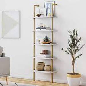 lot 74 image: Nathan James Theo White 5-Shelf Ladder Bookcase or Bookshelf with Gold Metal Frame
