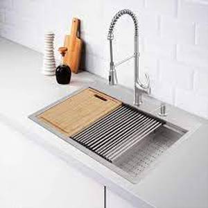 lot 82 image: Glacier Bay Zero Radius Drop-in 18G Stainless Steel 33 in. 2-Hole 5050 Double Bowl Workstation Kitchen Sink with Spring Neck Faucet