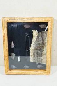lot 146 image: Rattlesnake Skin Section with Arrowheads in Shadow Box Display