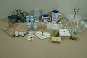 lot 171 image: Assorted Household Items -Vases, Candle Holders, Mugs, Two Tier Serving Tray