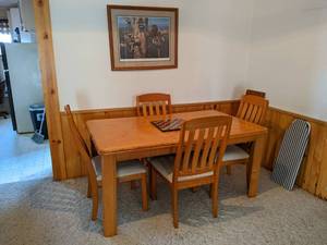 Dining Table, 4 Chairs, Framed Print, and Marble CheckersChess Board