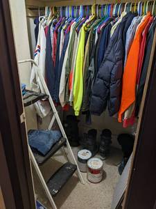 Contents of Closet - Small Appliances, Step Ladder, Ski Boots, Mens Clothes - Sizes L, XL, and XXL Tommy Hilfiger, Ralph Lauren, Le Sueur Caribou Club, Minnesotan (Justers) Gray Suit Coat and Pants