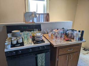 Contents of Stove and Small Island - Dishes, Coca-Cola Glasses, Flashlights, Pots & Pans, and MORE