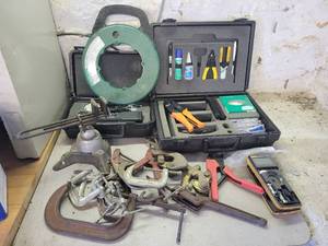 Large Lot of Assorted Tools - Crimpers, C-Clamps, Binders, Cable Pullers, GreenLee Fishtape and More