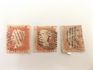 lot 25 image: 3 VERY RARE Antique Great Britain Red One Penny Stamps