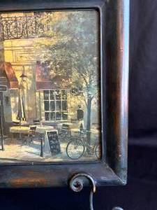 lot 27 image: Antique Framed Cafe Photo on Rubbed Bronze Colored Stand