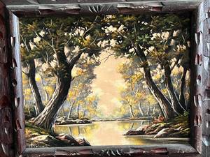 lot 98 image: Vintage Felt Framed Woodland in the Fall Painting Signed by Artist