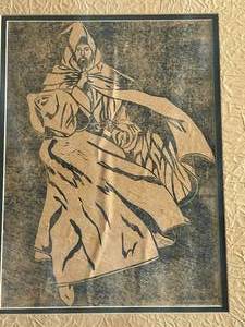 lot 95 image: Unique Artwork Caped Man with Sword in Frame Signed by Artist