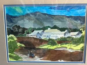 lot 90 image: Fishing on the River Framed Watercolor Painting Signed by Artist