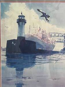 lot 73 image: Watercolor Framed Lighthouse Dock Painting Signed by Artist