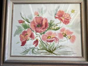 lot 68 image: Pink Flower Watercolor Painting in Frame - Signed by Artist