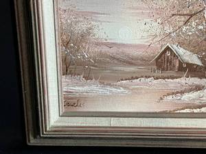 lot 110 image: Oil Based Lakehouse in the Winter Painting in Sepia Tones Signed by Artist