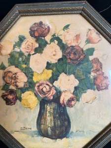 lot 125 image: Octagon Framed Roses in Vase Painting Signed by Artist