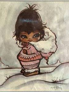 lot 124 image: Small Native Girl in the Winter Framed Watercolor Art Signed by Artist