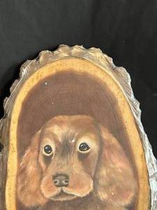 lot 138 image: NEW 1984 American Black Walnut Tree Slab with Dog Portrait Signed by Artist