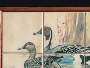 lot 150 image: Vintage Graphic Art Tiles Ducks on the Water in Frame