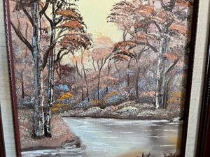 lot 11 image: Forest Pond Oil Painting with Small Waterfall in Frame
