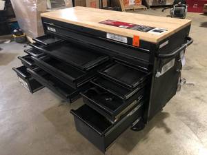 lot 13 image: Husky 61 in. W x 23 in. D Heavy Duty 15-Drawer Mobile Workbench Tool Chest with Solid Wood Top in Matte Black, Customer return, Review all pictures