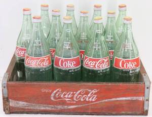 Wood Coke Case w 12 Quart Coke Bottles