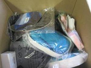 lot 113 image: box of wigs, mouse pads, and hair c...