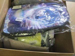 lot 127 image: box of new blankets, purse, backpac...