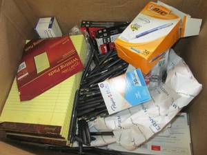 lot 194 image: box of pens, tablets of paper and m...