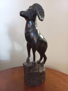 lot 6 image: Carved Wooden Bighorn Ram Sculpture