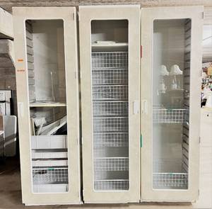 MSRP $7000 YES THAT IS RIGHT THIS IS FOR 3 OF THEM Innerspace Medical Grade 84 Glass Door Cabinet - FlexCell Interior Cleanable Reconfigurable Systemfor Trays, Baskets &amp Shelves. Excellent Condition 1st Pic Is A Stock Pic WITH EXTRAS INSIDE
