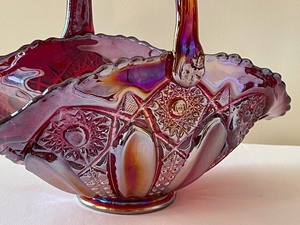 lot 15 image: Carnival Glass Handled Basket by Indiana Glass Red Sunset Heirloom  - Gorgeous Red Iridescent Carnival Glass Basket