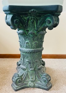 lot 51 image: Ceramic Pillar Based Circular Glass Top Accent Table