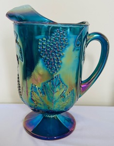 lot 17A image: Vintage Indiana Harvest Grape Blue Carnival Footed Pitcher and 4 Tumblers