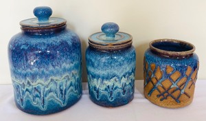 lot 95 image: Artisan Created Brilliant Blue Pottery Canisters and Utensil Crock