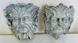 lot 180 image: Two Greenman Style Wall Pockets and Pair of Matching Shelves