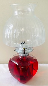 lot 227 image: Red Oil Lamp, Vintage Ruby Red Dish and Vintage Viking Ruby Red Georgian Lidded Sugar Bowl