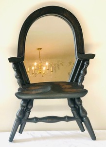lot 226 image: Charming Chair Themed Mirror and 2 Cast Iron Decorative Chairs