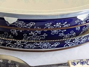 lot 332 image: Temptations Blue Floral Lace Casserole Dish and Serving Utensils