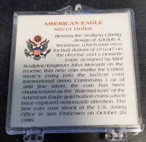 1986 AMERICAN SILVER EAGLE 1 TROY OZ .999 FINE SILVER