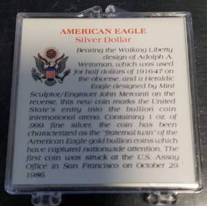 1987 AMERICAN SILVER EAGLE 1 TROY OZ .999 FINE SILVER