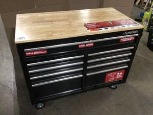Husky 46 in 9-Drawer Mobile Workbench, Customer returns, has damage not locks and keys  Review all pictures