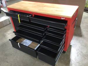 Milwaukee 61 in. 11-Drawer1-Door 22 in. D Mobile Workbench with Sliding Pegboard Back Wall in RedBlack, Customer returns, Review all pictures