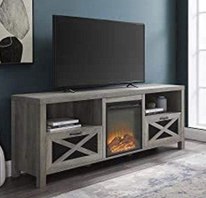 lot 114 image: WALKER EDISON FURNITURE COMPANY Modern Farmhouse X Wood Fireplace Universal Stand for TVs